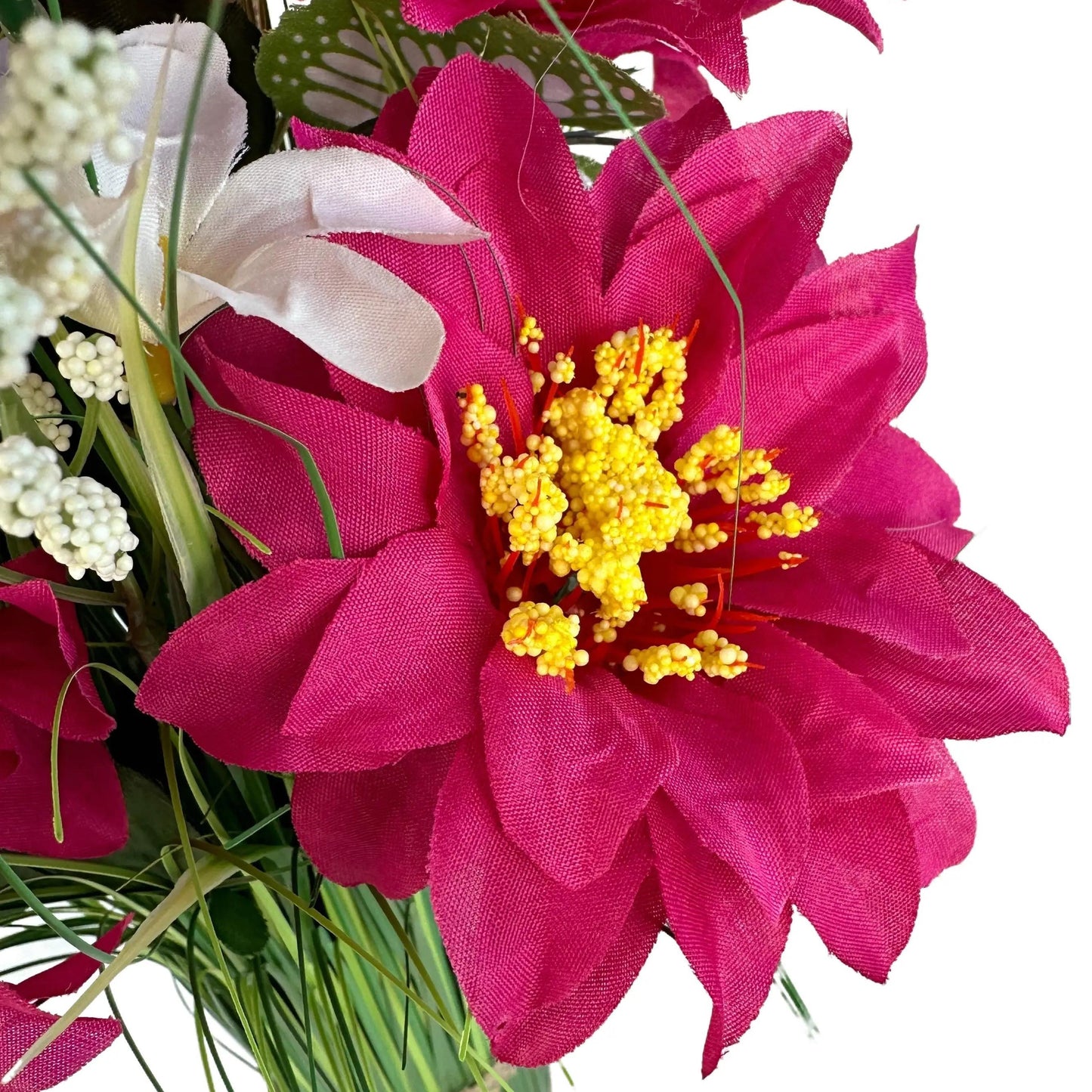 Artificial Grass, Pink Zinnia and Wild Flower Arrangement with Butterflies