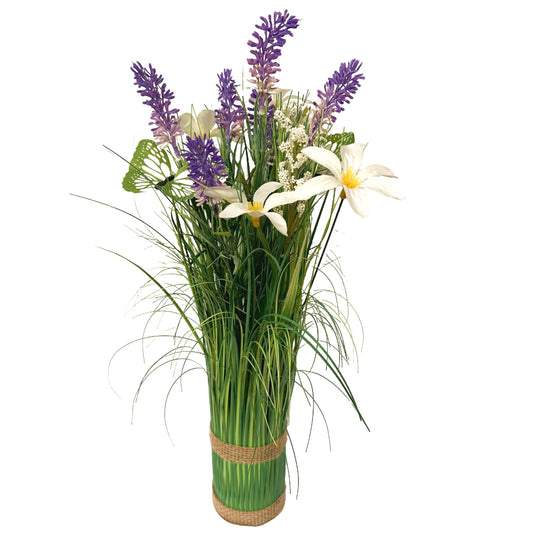 Artificial Grass, Lavender and White Flower Arrangement with Butterflies