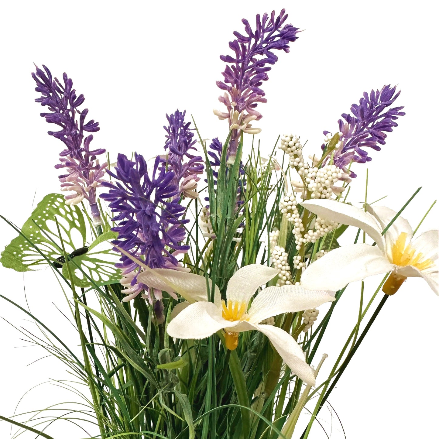 Artificial Grass, Lavender and White Flower Arrangement with Butterflies