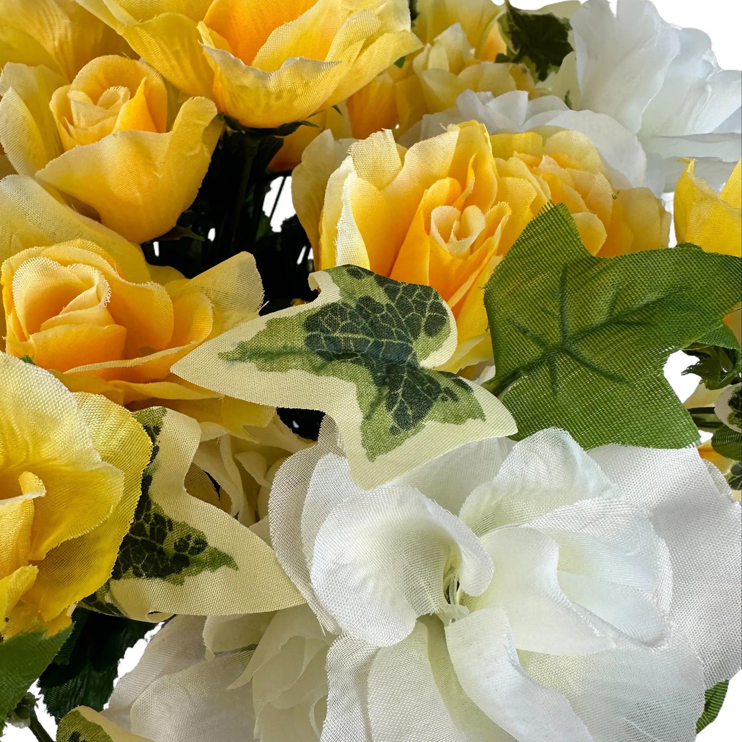 Artificial White and Yellow Rose & Ivy Flower Grave Pot Arrangement