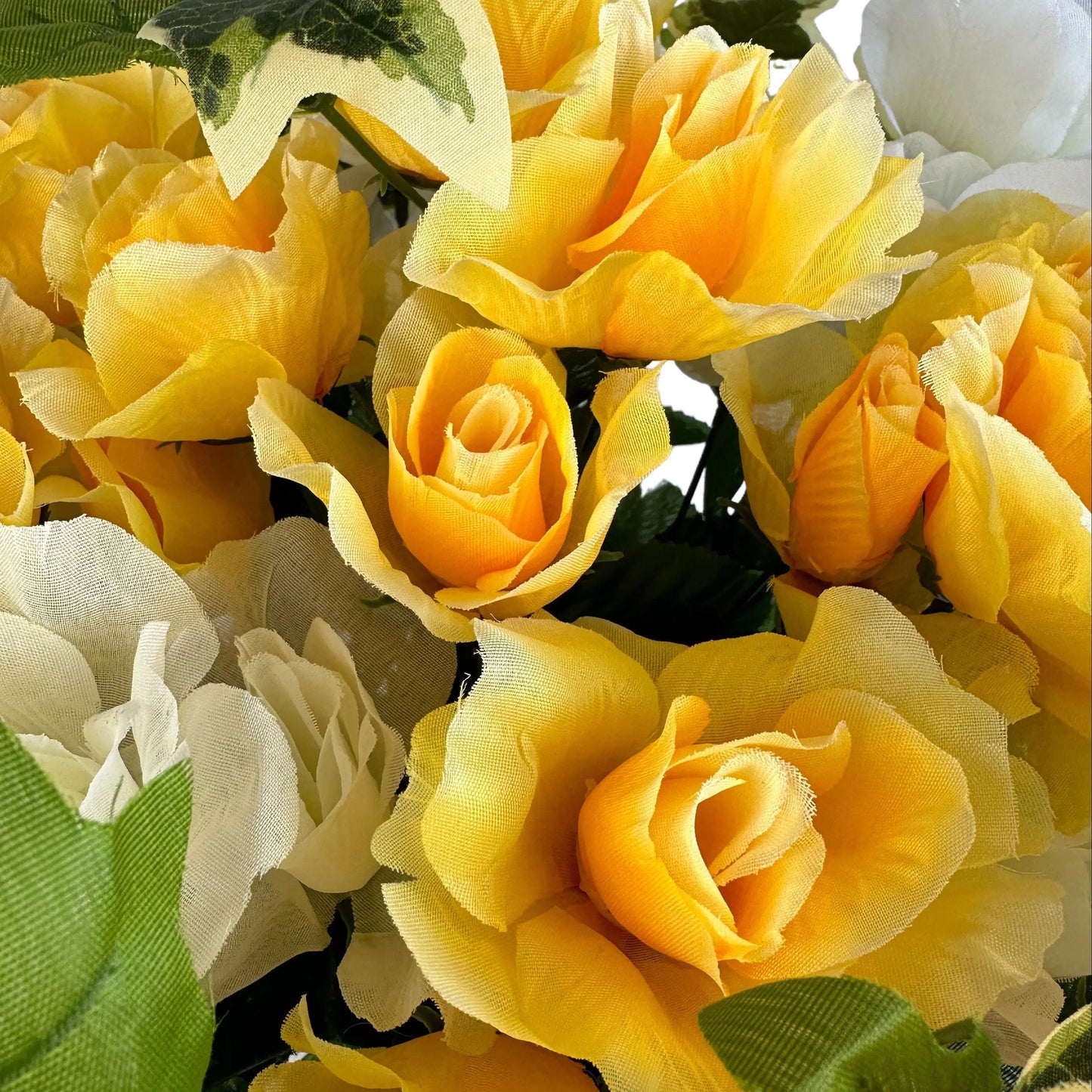 Artificial White and Yellow Rose & Ivy Flower Grave Pot Arrangement