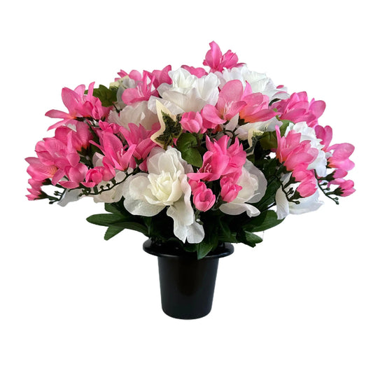 Artificial Pink Freesia and White Rose Grave Pot Flower Arrangement