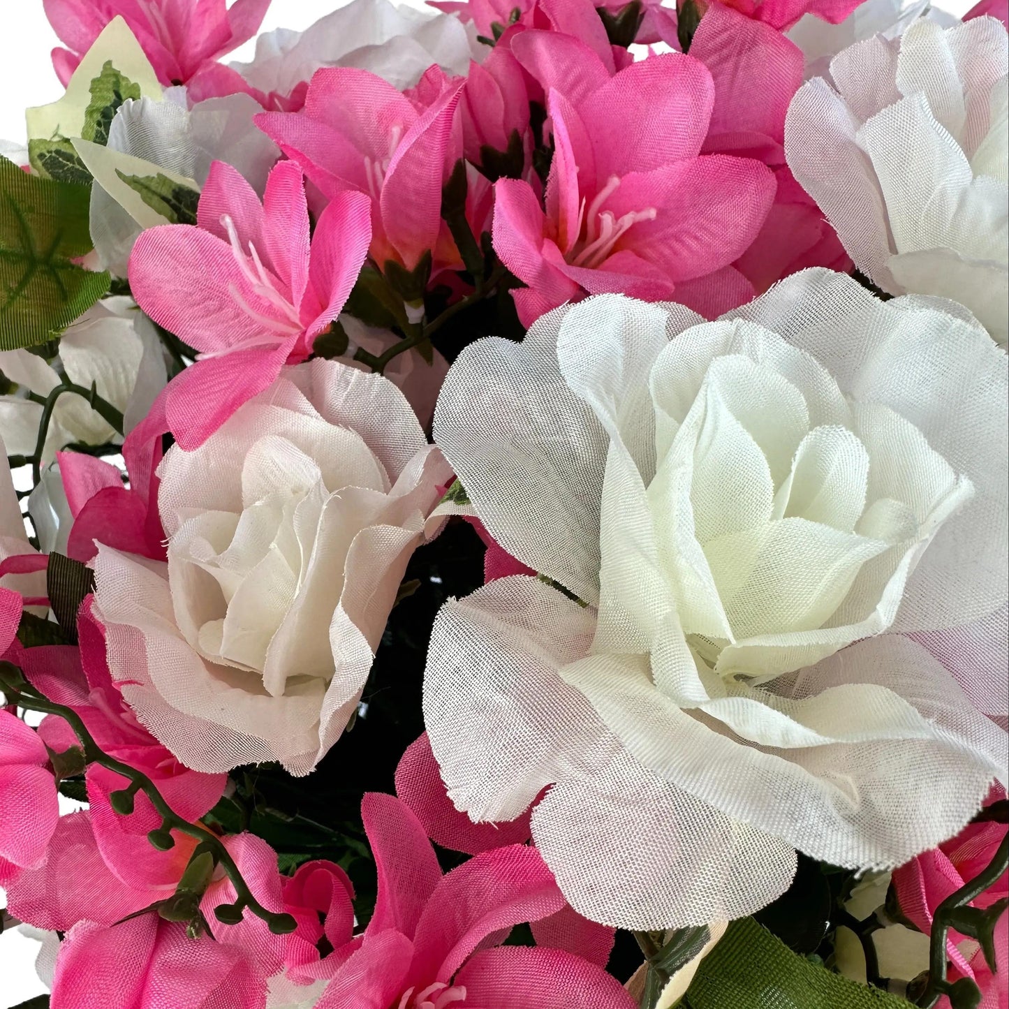 Artificial Pink Freesia and White Rose Grave Pot Flower Arrangement