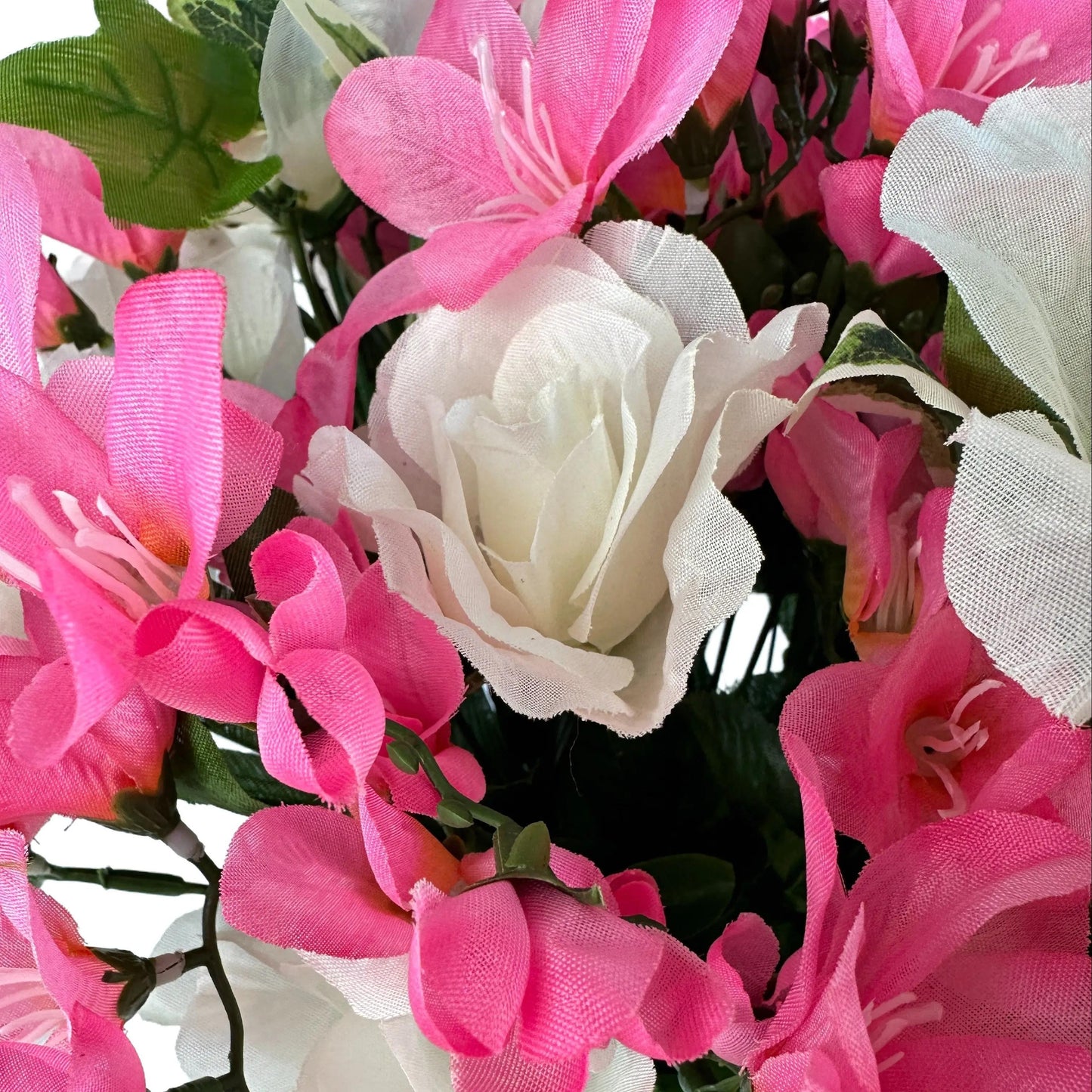 Artificial Pink Freesia and White Rose Grave Pot Flower Arrangement