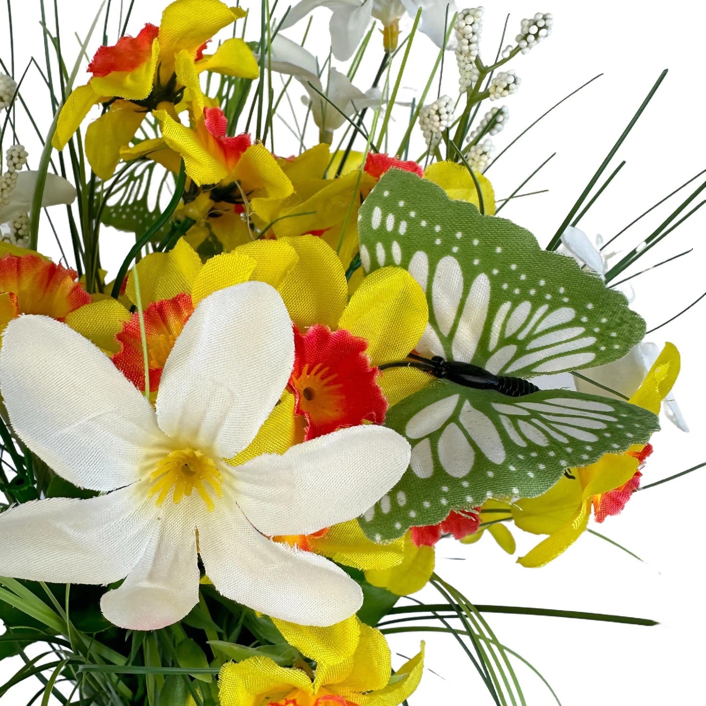 Artificial Grass, Daffodil and Wild Flower Arrangement with Butterflies