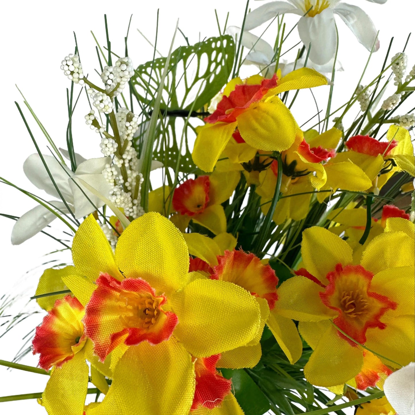 Artificial Grass, Daffodil and Wild Flower Arrangement with Butterflies