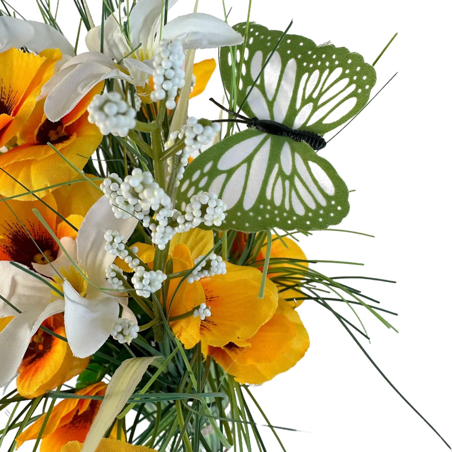 Artificial Grass, Yellow Pansy and Wild Flower Arrangement with Butterflies