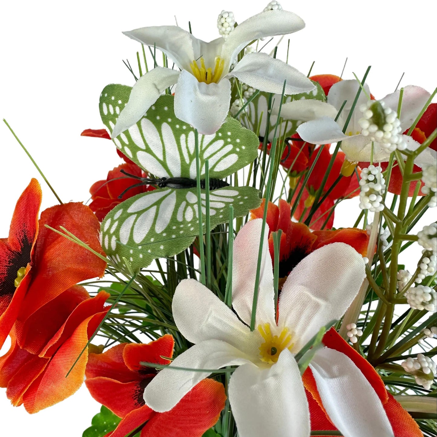 Artificial Grass, Orange Pansy and Wild Flower Arrangement with Butterflies