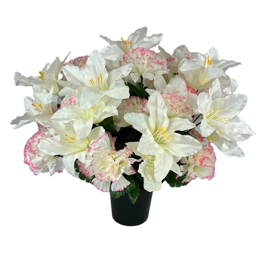 Artificial White Lily and Pink/White Carnation Grave Pot Flower Arrangement