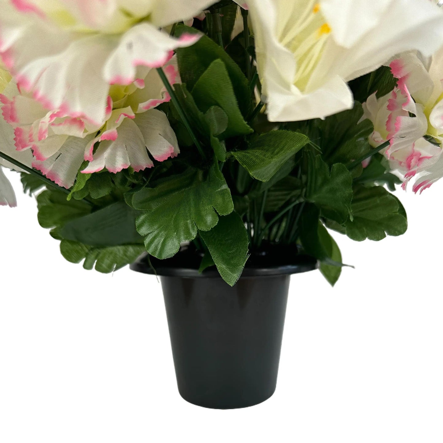 Artificial White Lily and Pink/White Carnation Grave Pot Flower Arrangement