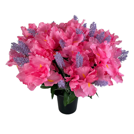 Artificial Pink Iris and Lavender Grave Pot Flower Arrangement