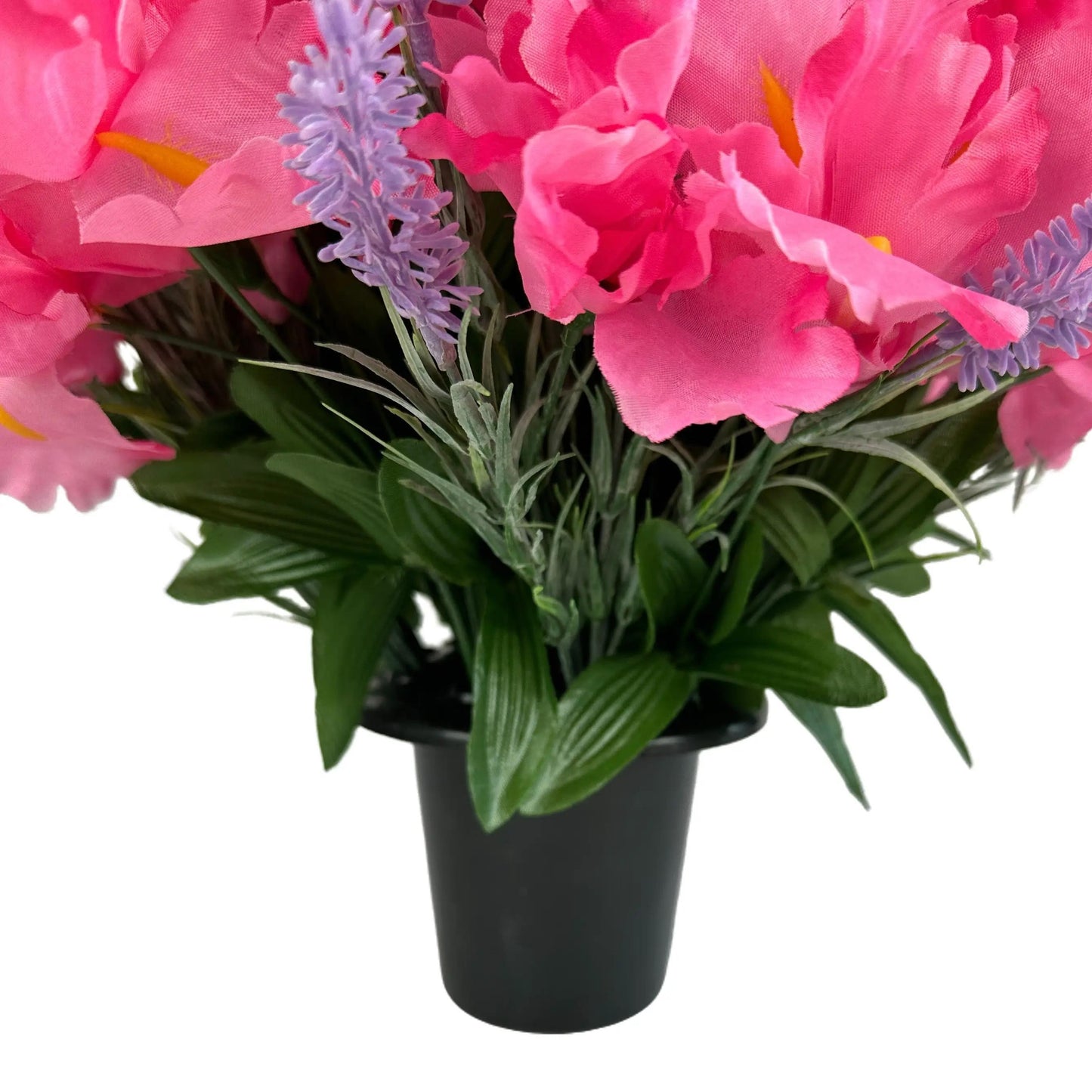 Artificial Pink Iris and Lavender Grave Pot Flower Arrangement