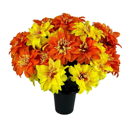 Artificial Orange and Yellow Zinnia Grave Pot Flower Arrangement