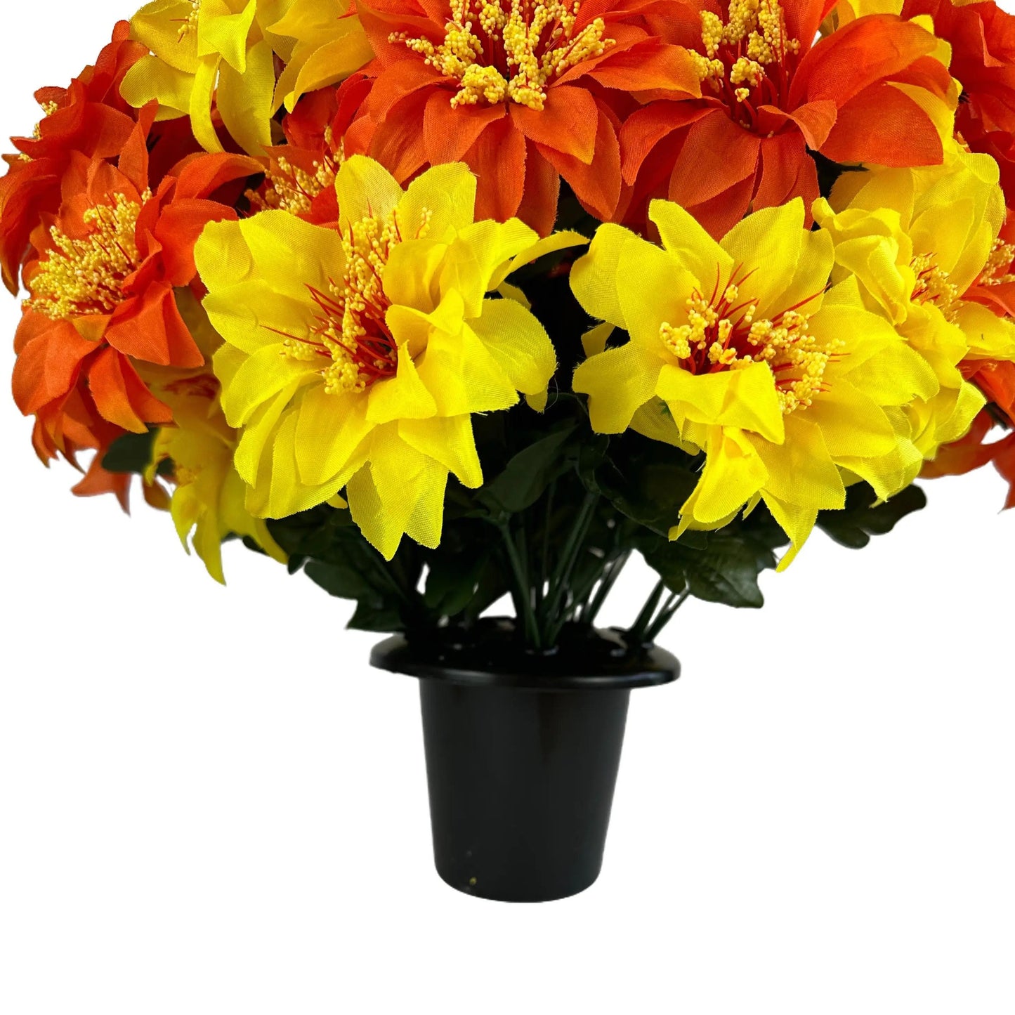 Artificial Orange and Yellow Zinnia Grave Pot Flower Arrangement