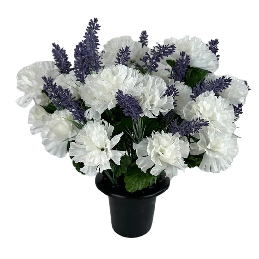 Artificial White Carnation and Lavender Grave Pot Flower Arrangement