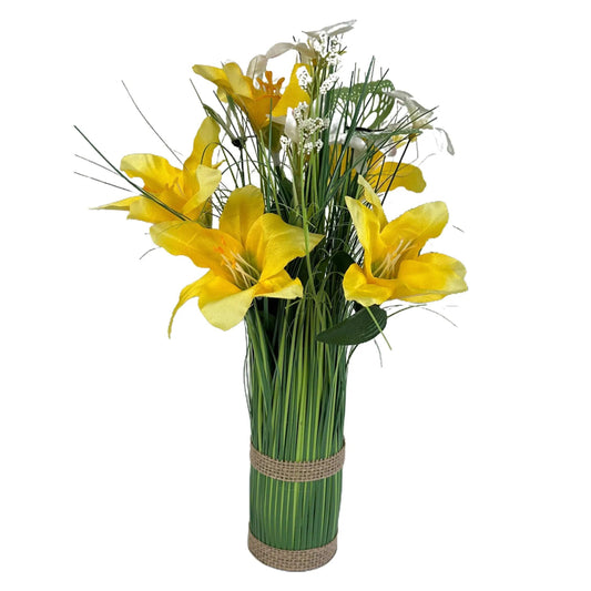 Artificial Grass, Yellow Lily and White Flower Arrangement with Butterflies