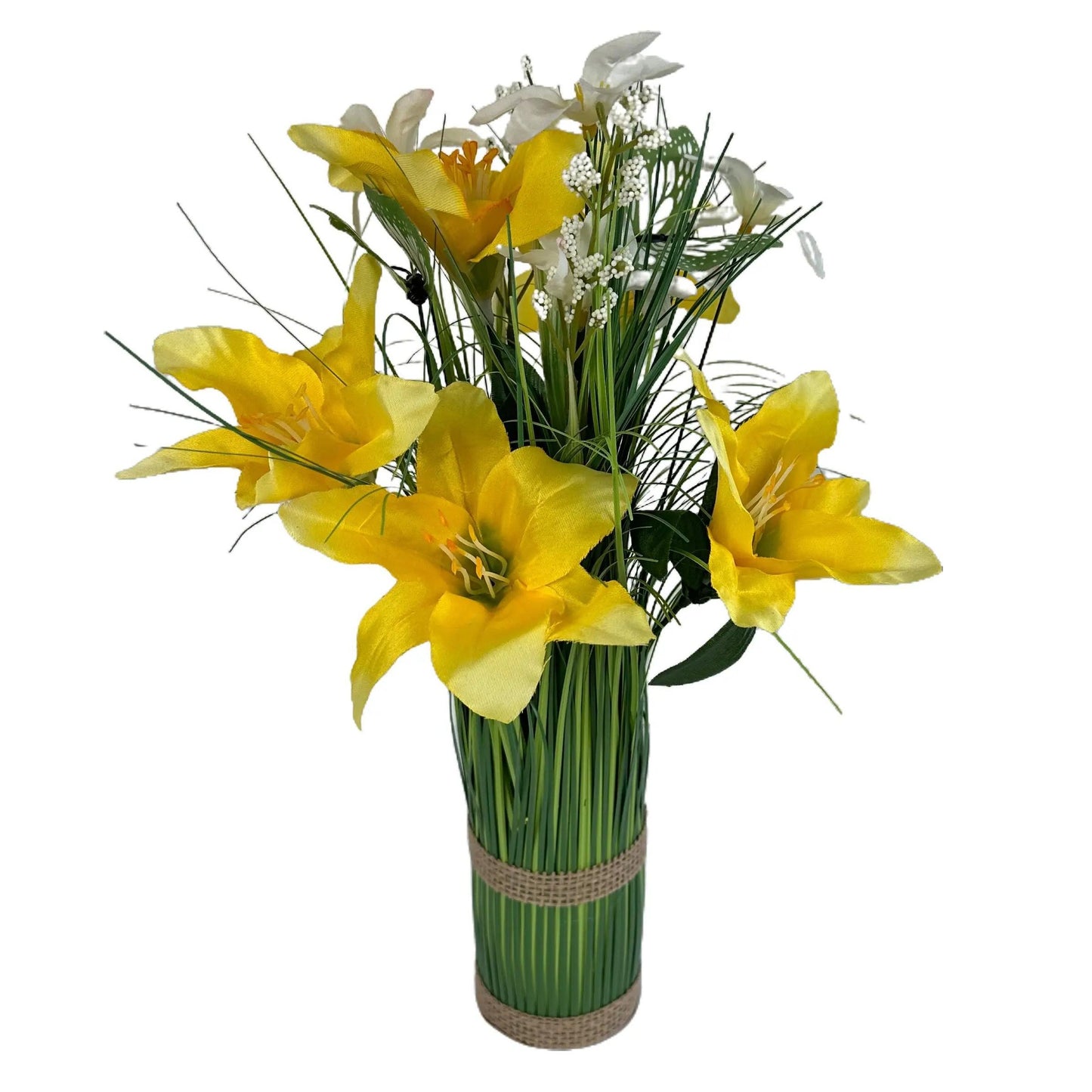 Artificial Grass, Yellow Lily and White Flower Arrangement with Butterflies