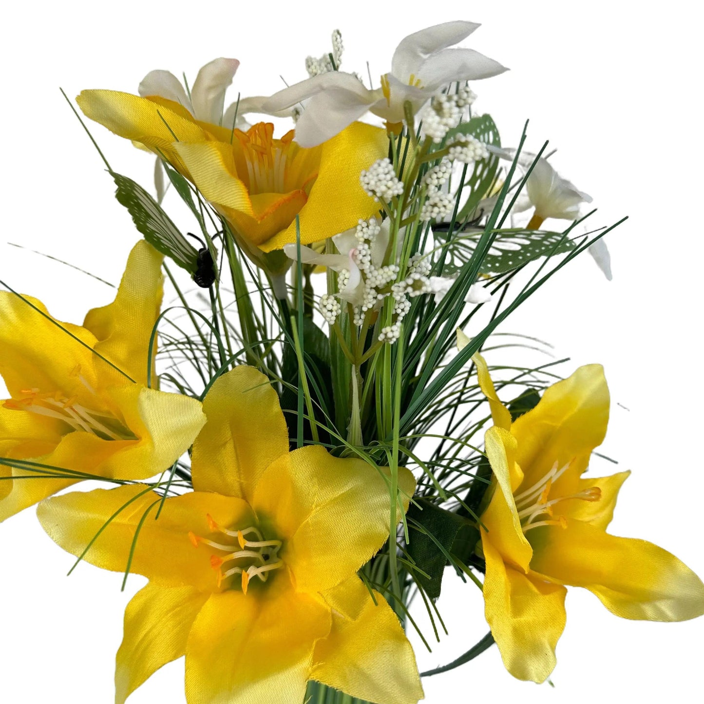 Artificial Grass, Yellow Lily and White Flower Arrangement with Butterflies