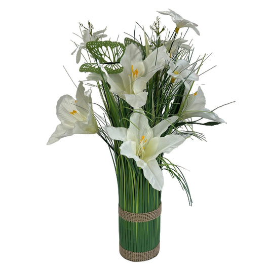 Artificial Grass, White Lily and Wild Flower Arrangement with Butterflies
