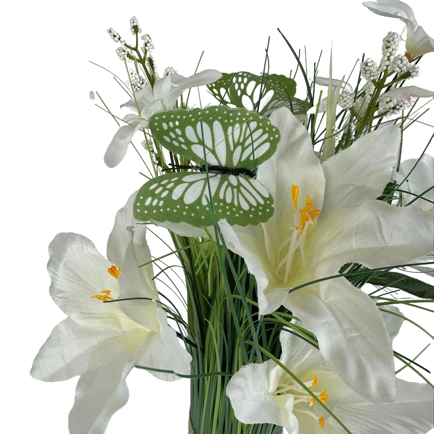 Artificial Grass, White Lily and Wild Flower Arrangement with Butterflies