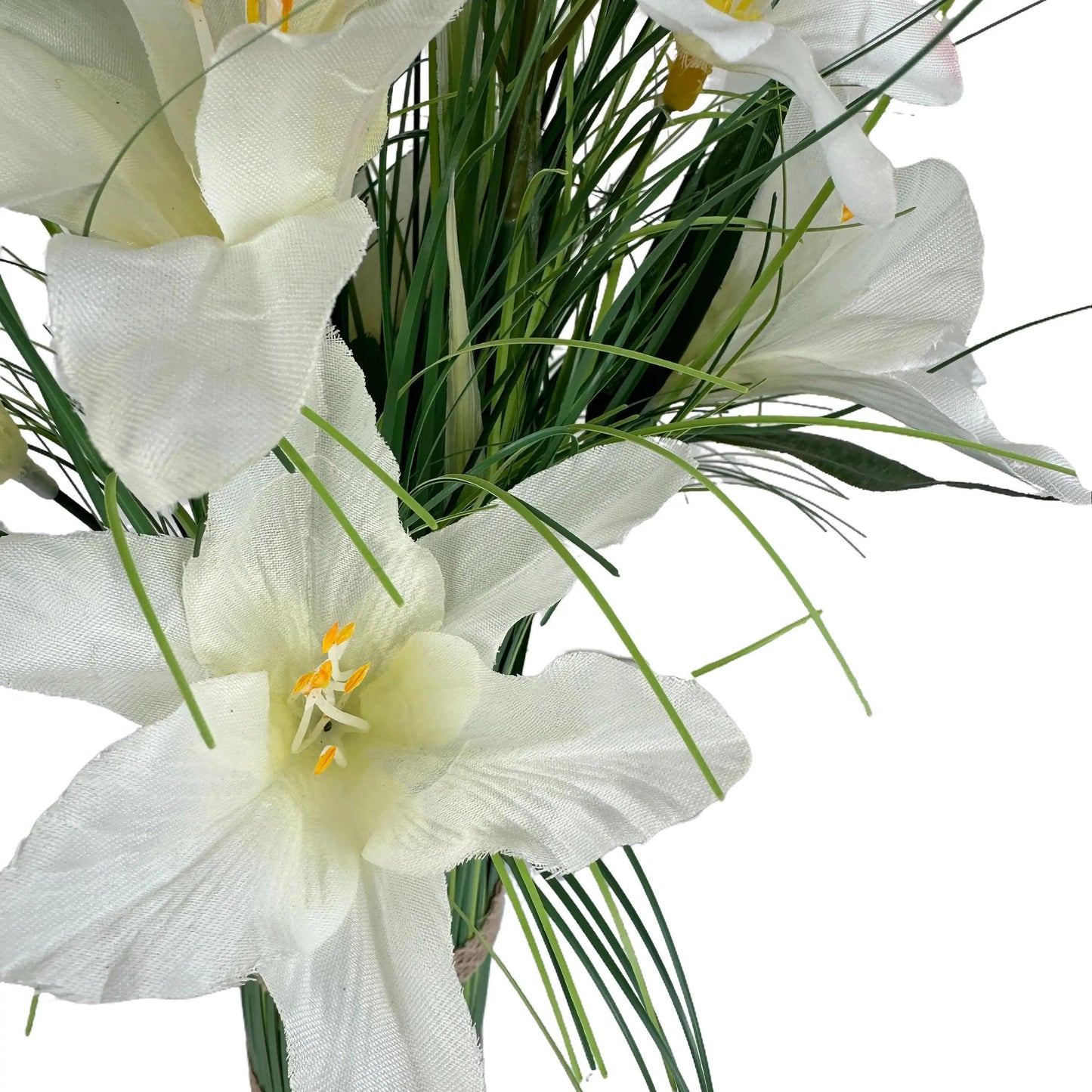 Artificial Grass, White Lily and Wild Flower Arrangement with Butterflies