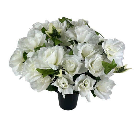 Artificial White Rose Flower Grave Pot Arrangement