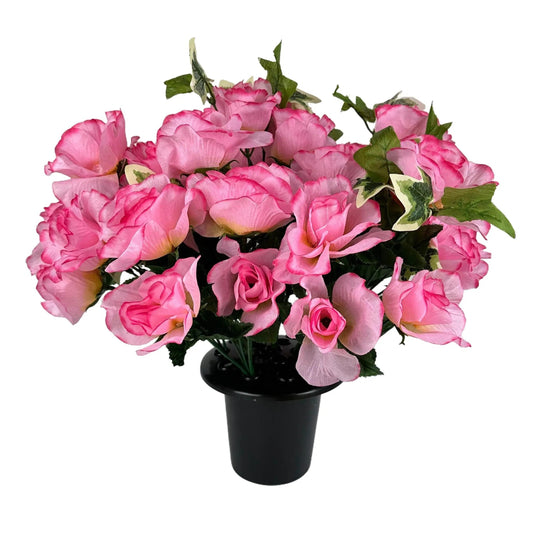 Artificial Pink Rose Flower Grave Pot Arrangement