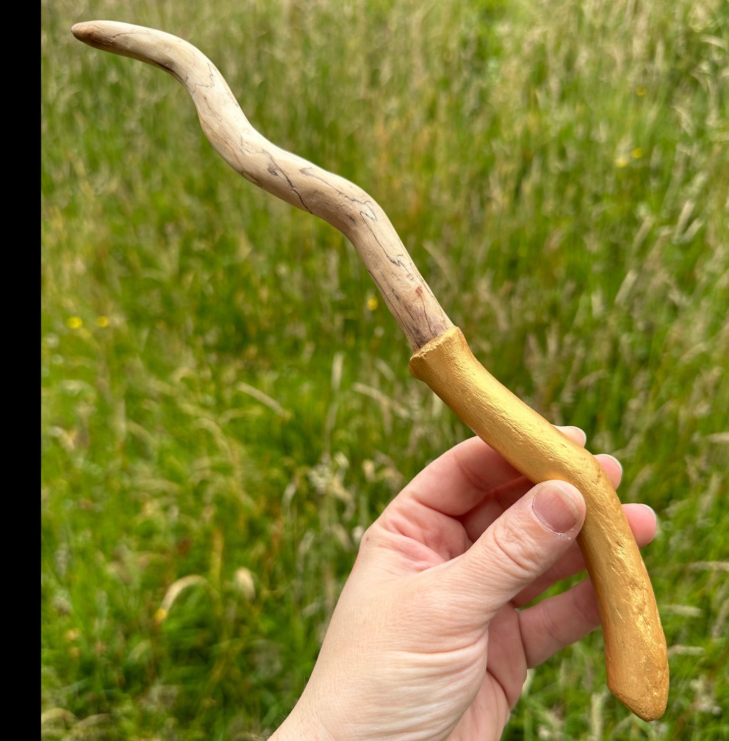 Hand Carved Natural Ash Wooden Gold Handle Wand