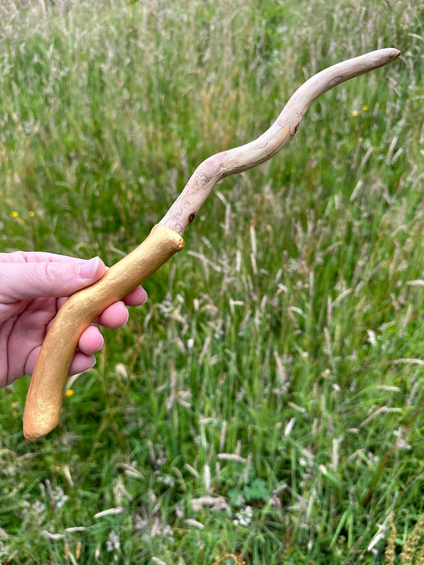 Hand Carved Natural Ash Wooden Gold Handle Wand