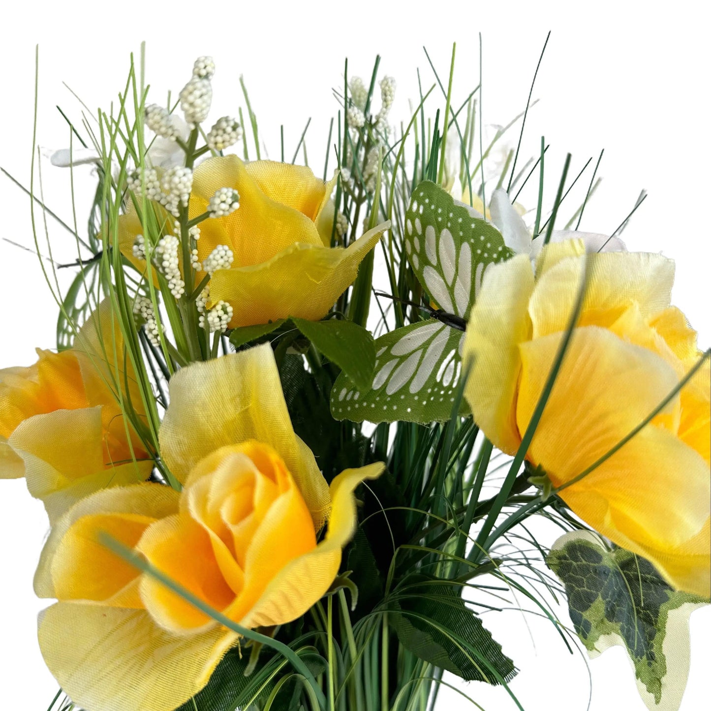 Artificial Grass, Yellow Rose and Wild Flower Arrangement with Butterflies