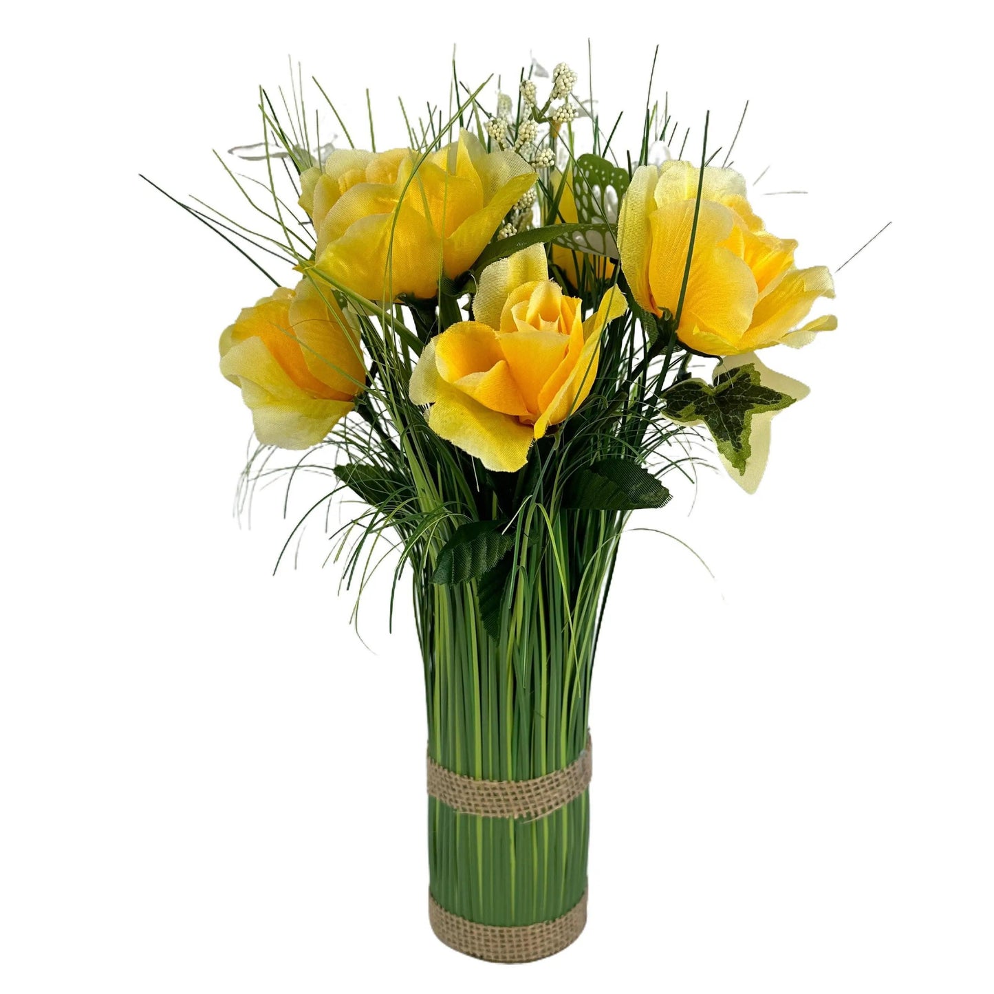 Artificial Grass, Yellow Rose and Wild Flower Arrangement with Butterflies