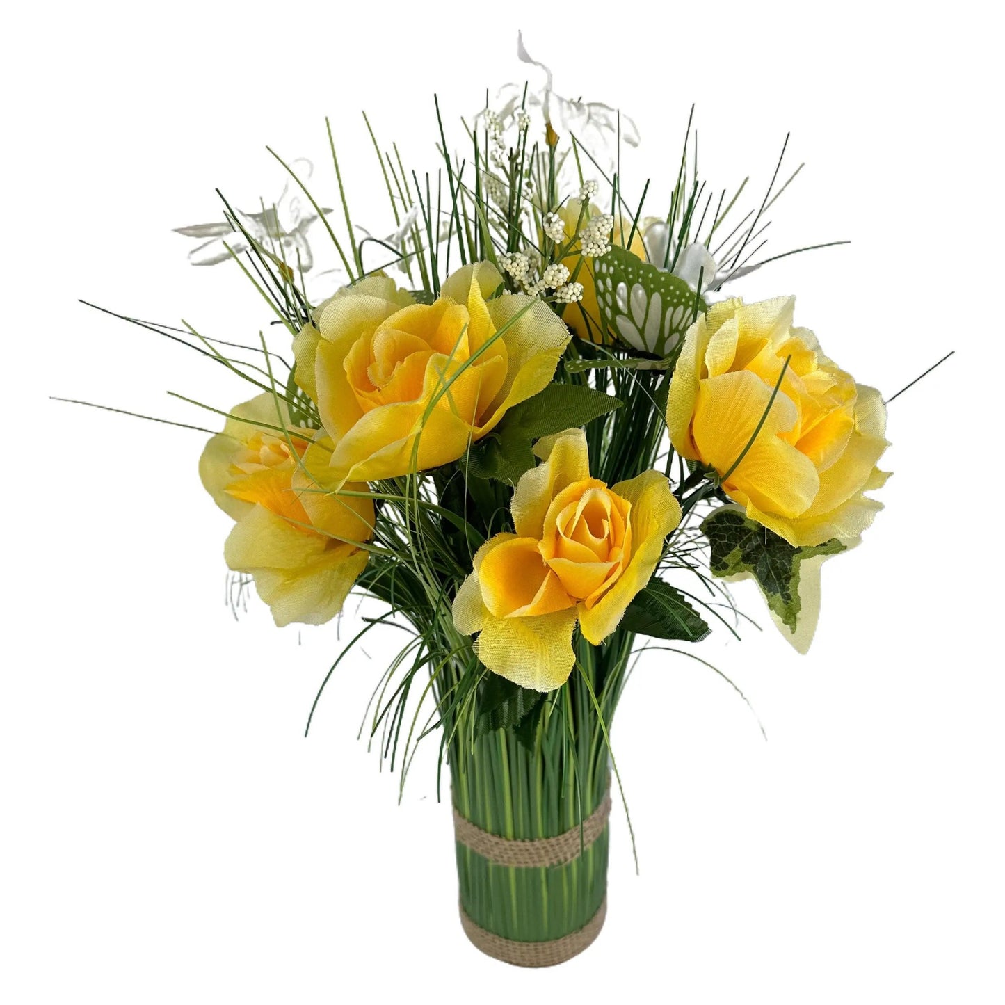 Artificial Grass, Yellow Rose and Wild Flower Arrangement with Butterflies