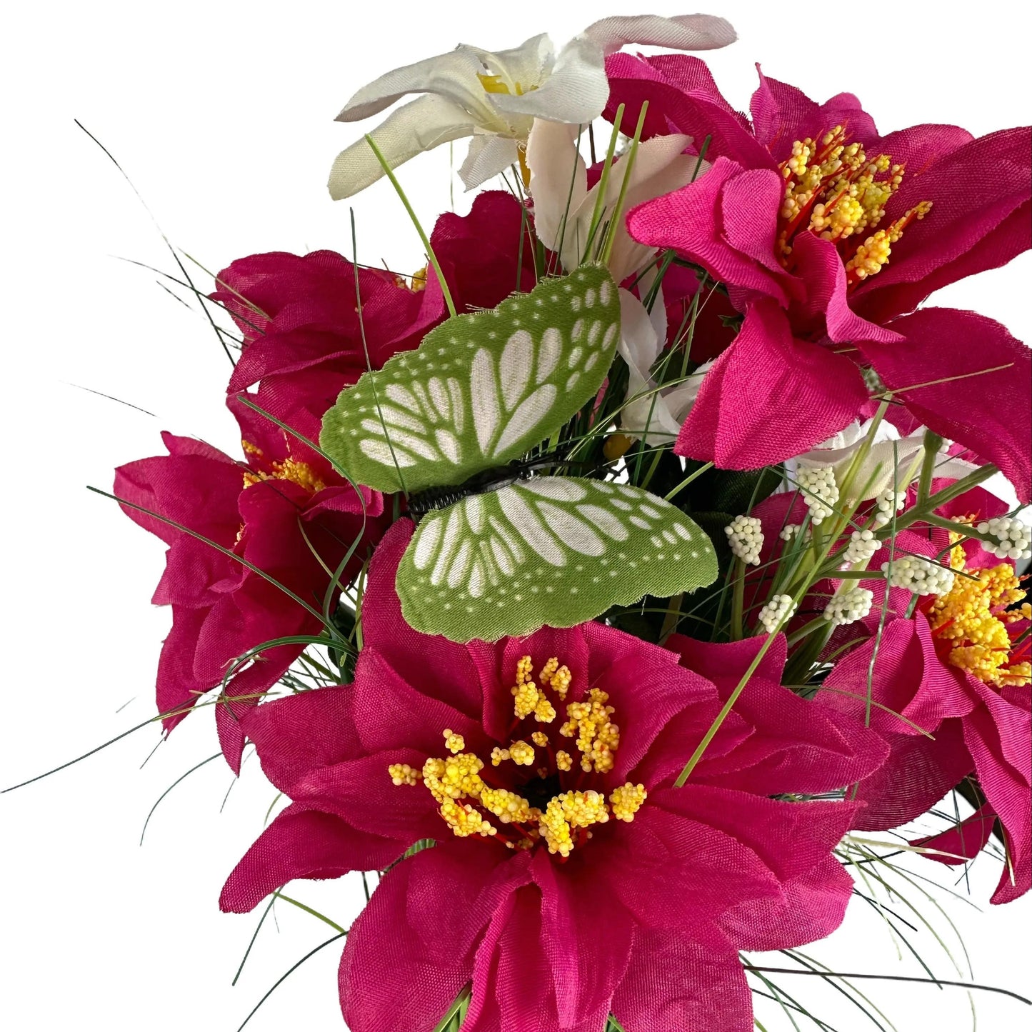 Artificial Grass, Pink Zinnia and Wild Flower Arrangement with Butterflies