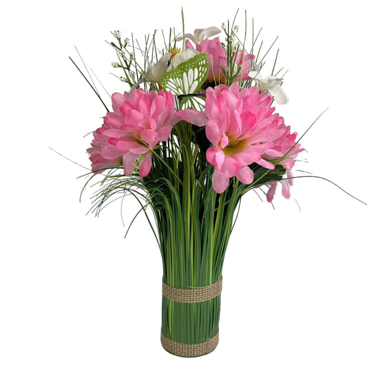 Artificial Grass, Pink Chrysanthemum and Wild Flower Arrangement with Butterflies