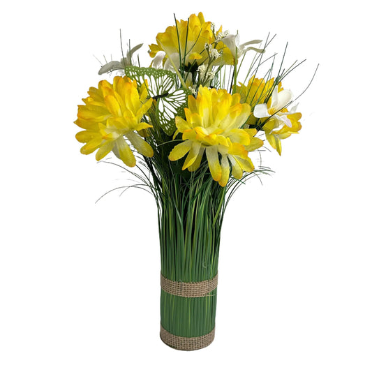 Artificial Grass, Yellow Chrysanthemum and Wild Flower Arrangement with Butterflies