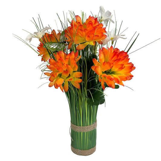 Artificial Grass, Orange Chrysanthemum and Wild Flower Arrangement with Butterflies