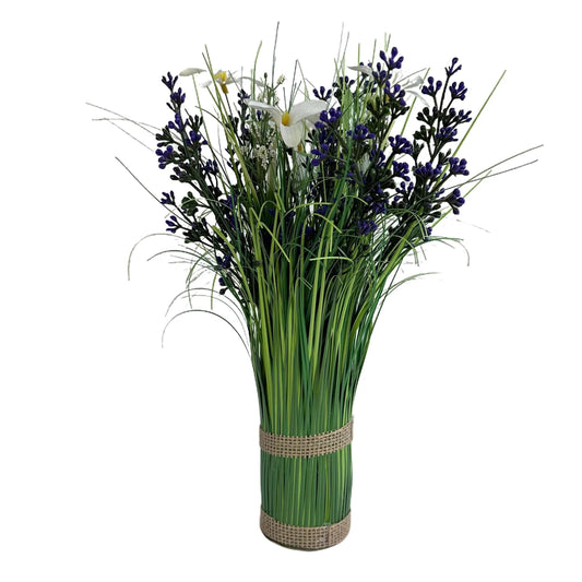 Artificial Grass, Purple Bud Bush and Wild Flower Arrangement with Butterflies