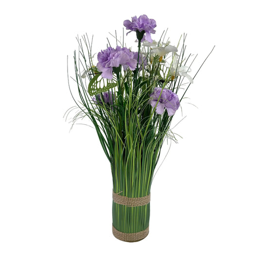 Artificial Grass, Purple Carnation and Wild Flower Arrangement with Butterflies