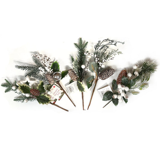 Artificial Christmas Foliage and Pine Cone Pick - Assorted Design