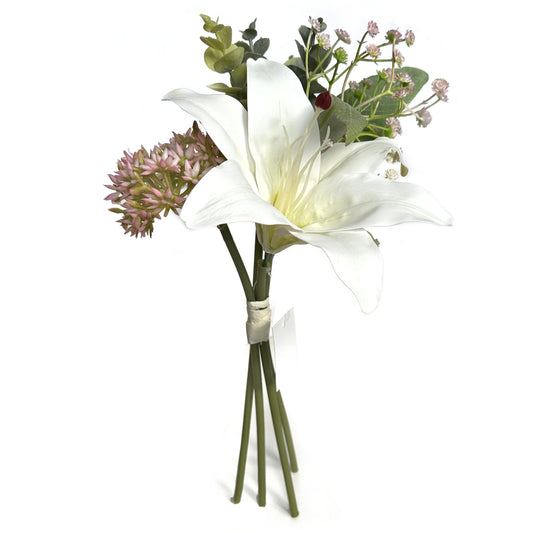 Artificial Ivory Lily Bundle With Gypsophila, Eucalyptus and Sedum Flowers