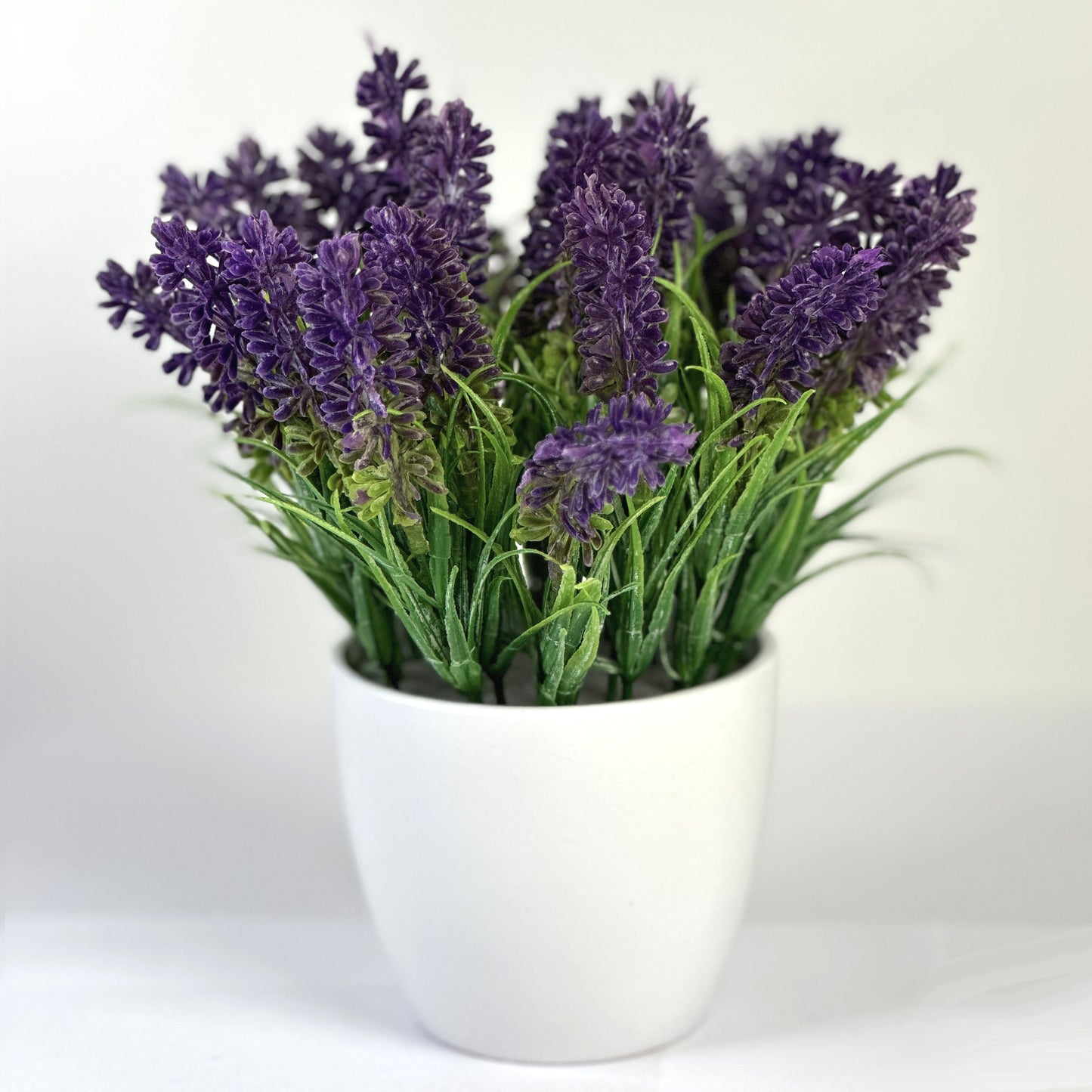 Artificial Lavender Flower Stems in 8cm White Ceramic Pot