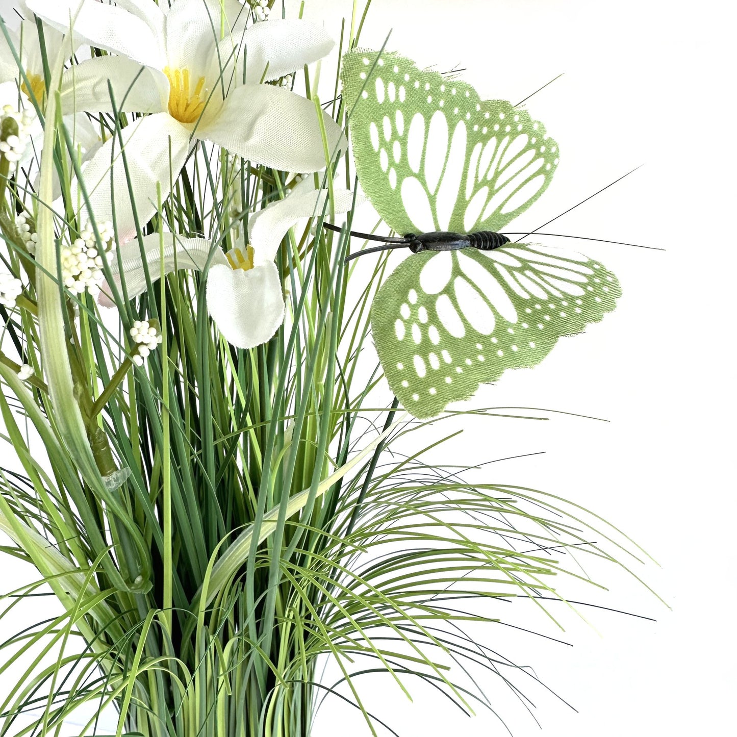 Artificial Grass and White Flower Arrangement with Butterflies 35cm