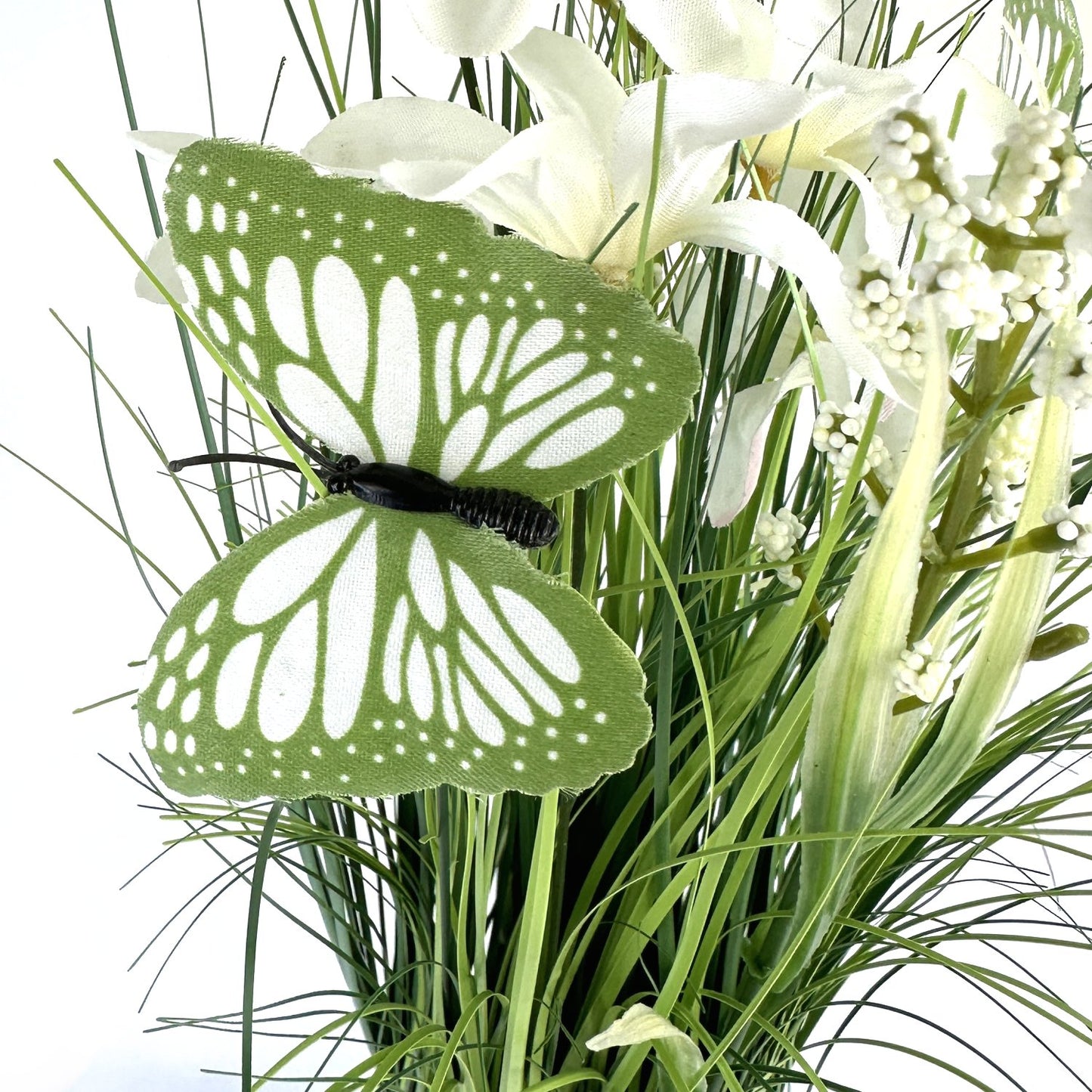 Artificial Grass and White Flower Arrangement with Butterflies 35cm