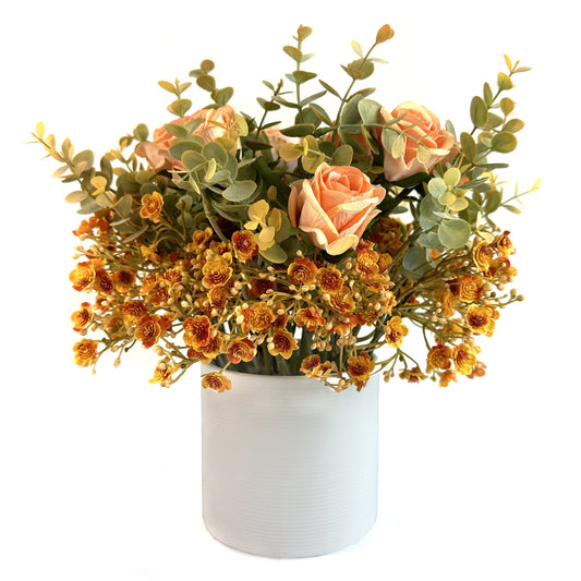 Artificial Peach Rose and Gypsophila Flowers With Eucalyptus in Ceramic Pot
