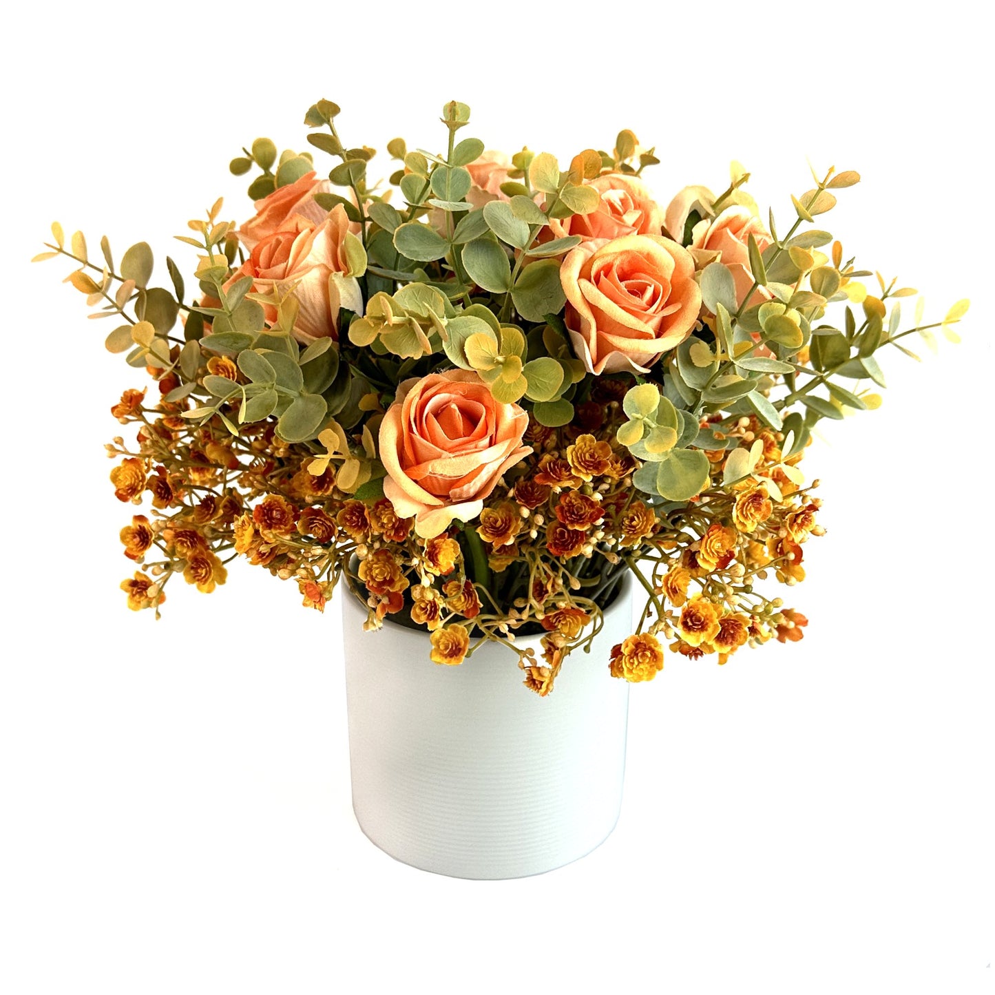 Artificial Peach Rose and Gypsophila Flowers With Eucalyptus in Ceramic Pot