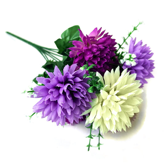 Artificial Chrysanthemum Bush With Cream and Purple Faux Flowers