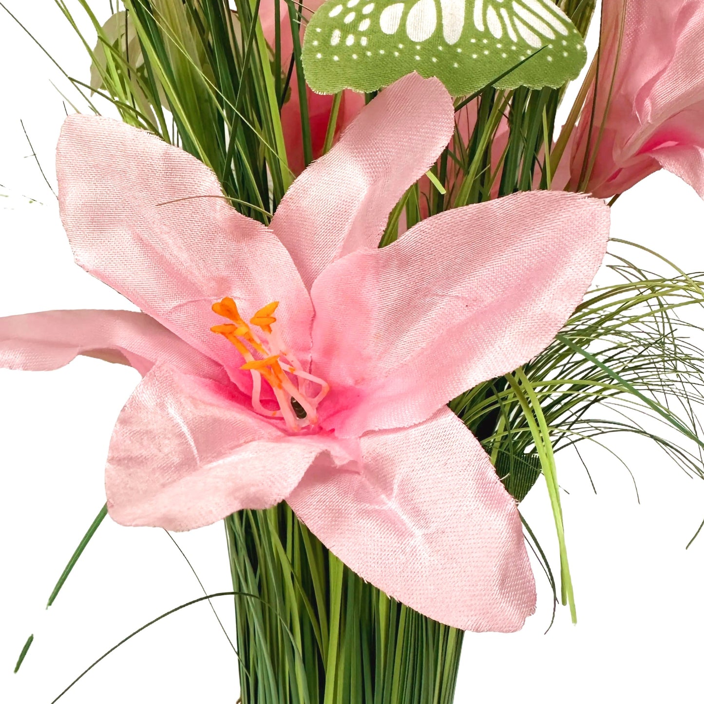 Artificial Grass, Pink Lily and White Flower Arrangement with Butterflies