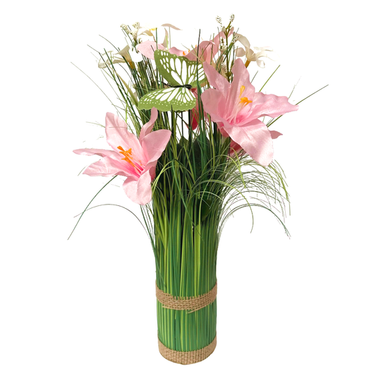 Artificial Grass, Pink Lily and White Flower Arrangement with Butterflies