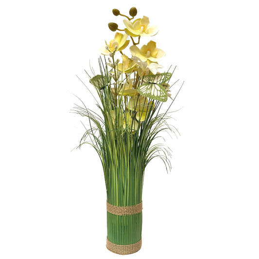 Artificial Grass, Cream Orchid and White Flower Arrangement with Butterflies