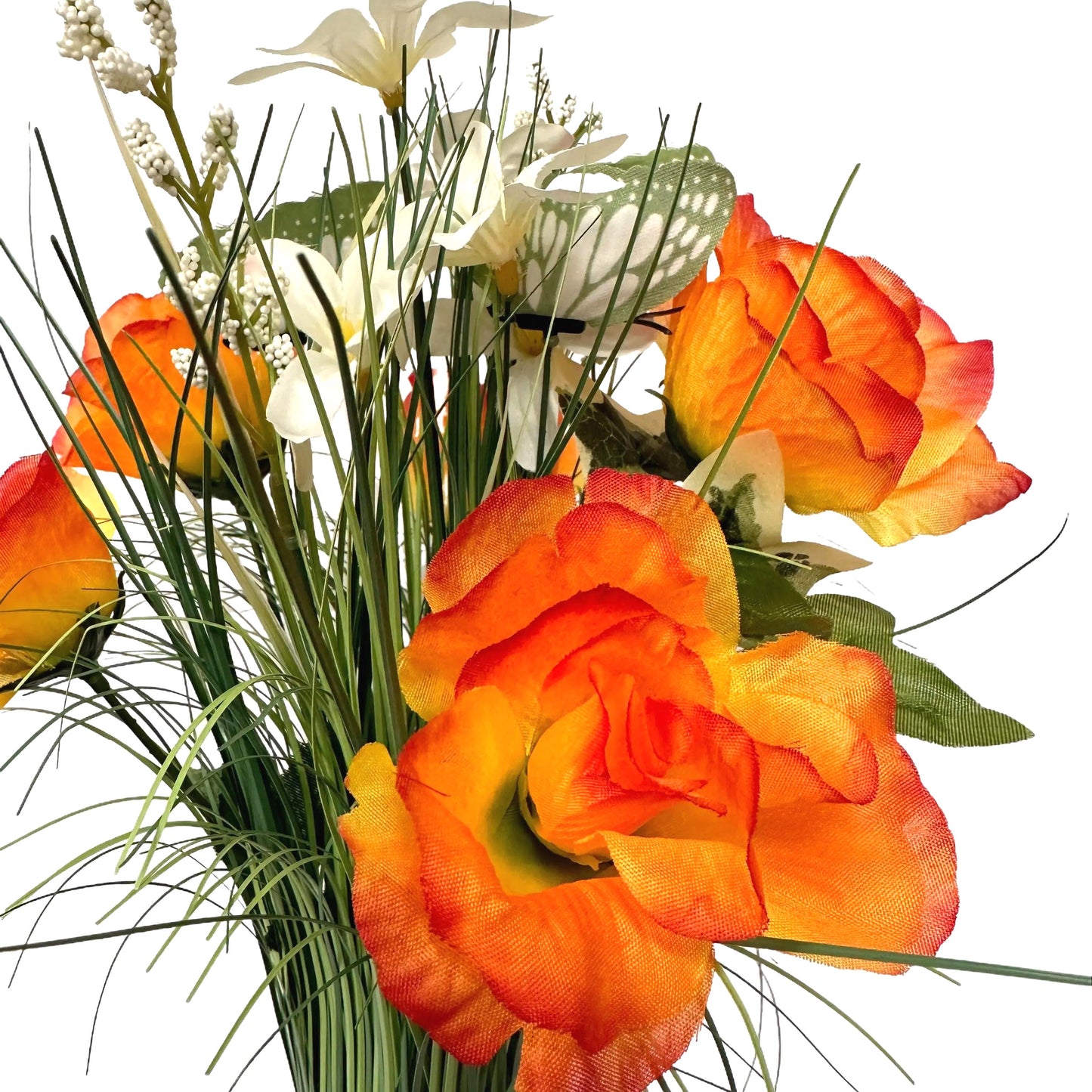 Artificial Grass, Orange Rose and Wild Flower Arrangement with Butterflies